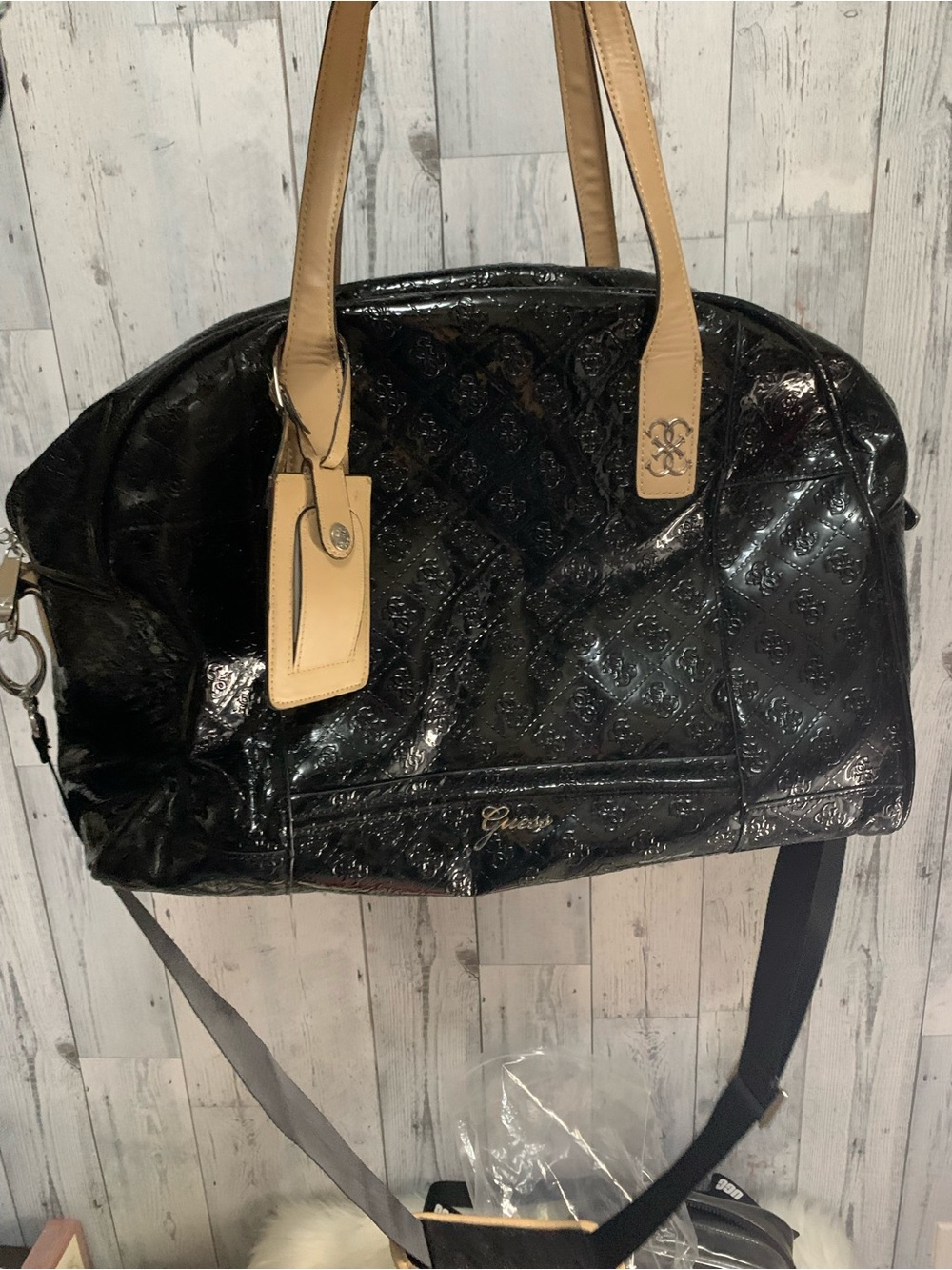 Guess Black Patent Travel Satchel with Tan Handles